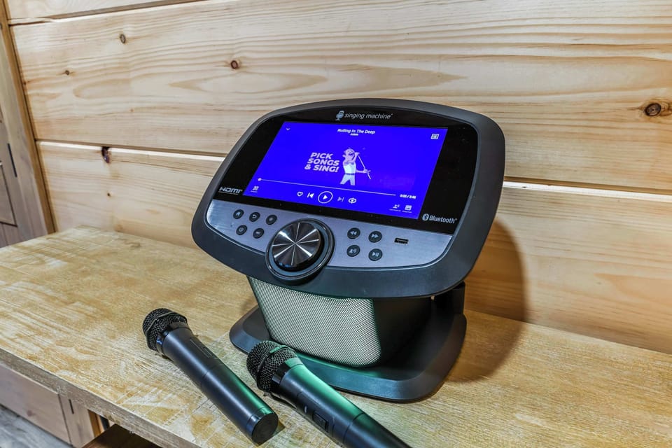 karaoke machine with two microphones on a wooden table in a rustic setting