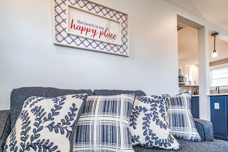 Cozy coastal sofa with cheerful beach decor