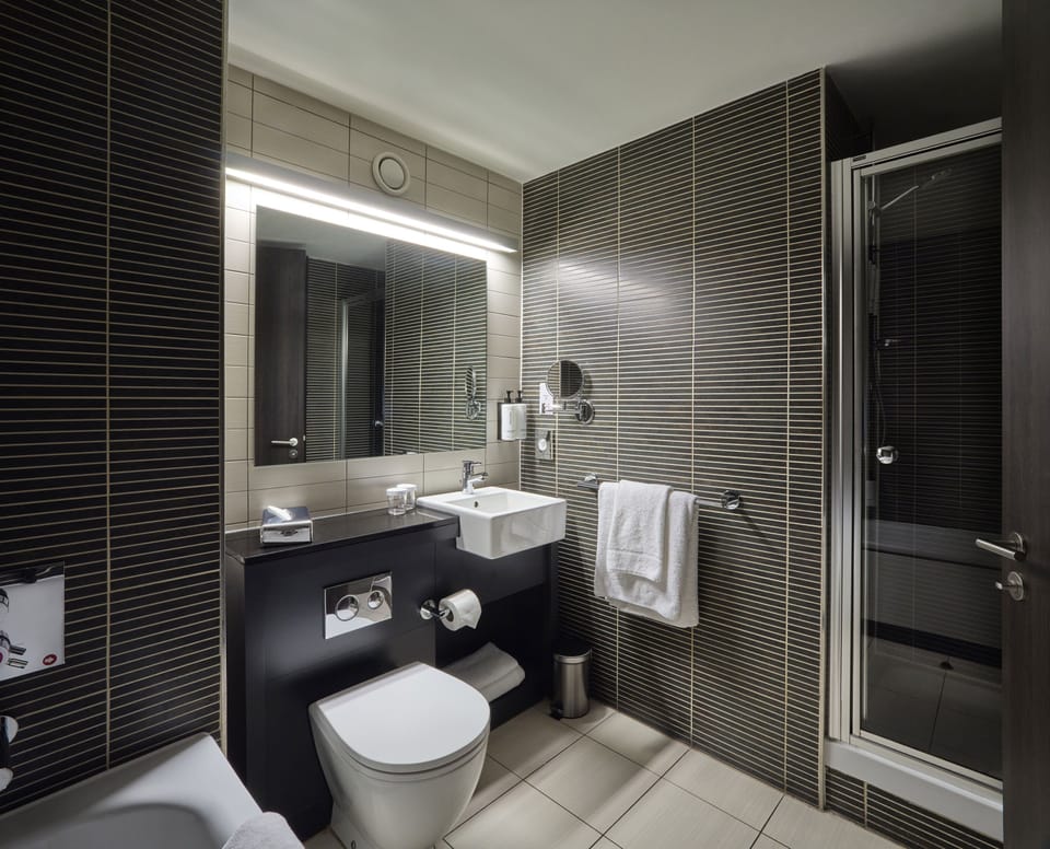 Eco-friendly toiletries, hair dryer, bathrobes, towels