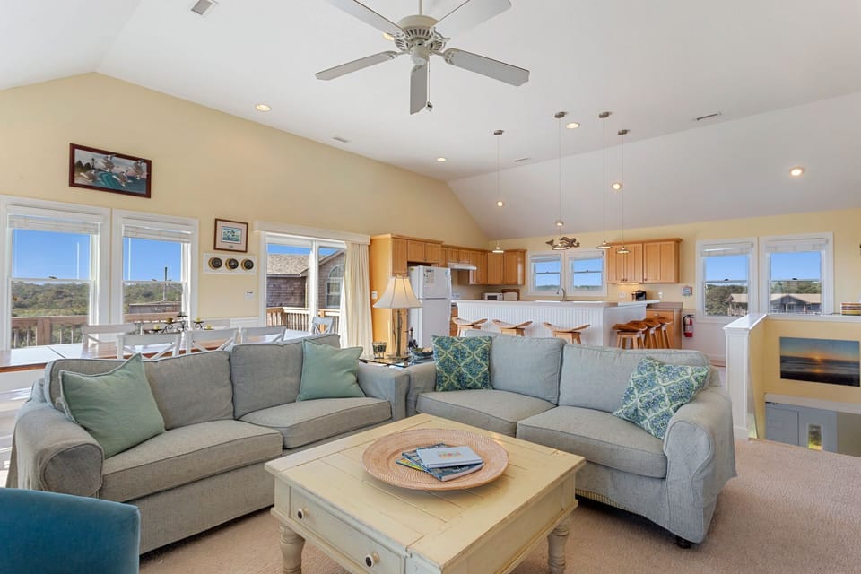 Enjoy unique views of the Cape Hatteras Lighthouse from the spacious Living Area with a large Flat Screen TV and plenty of cozy furniture.