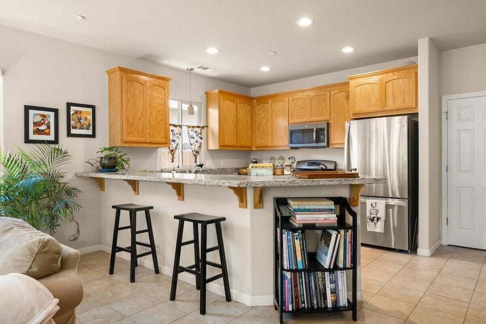 Full kitchen with bar seating for two