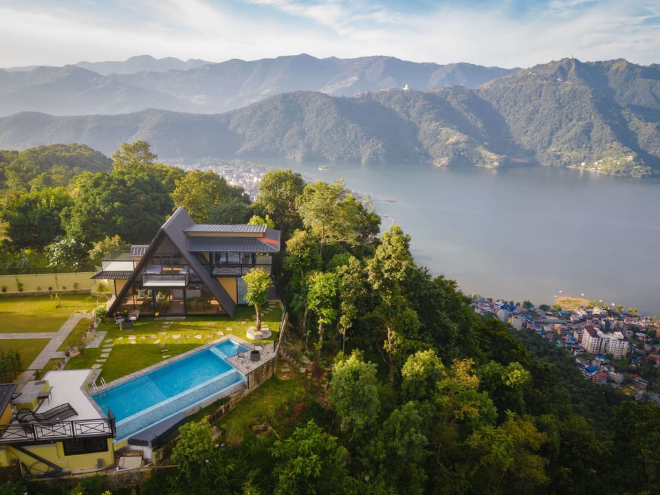 The Pipal Tree - Arieal view of the Villa, behind you in the Phewa Lake.