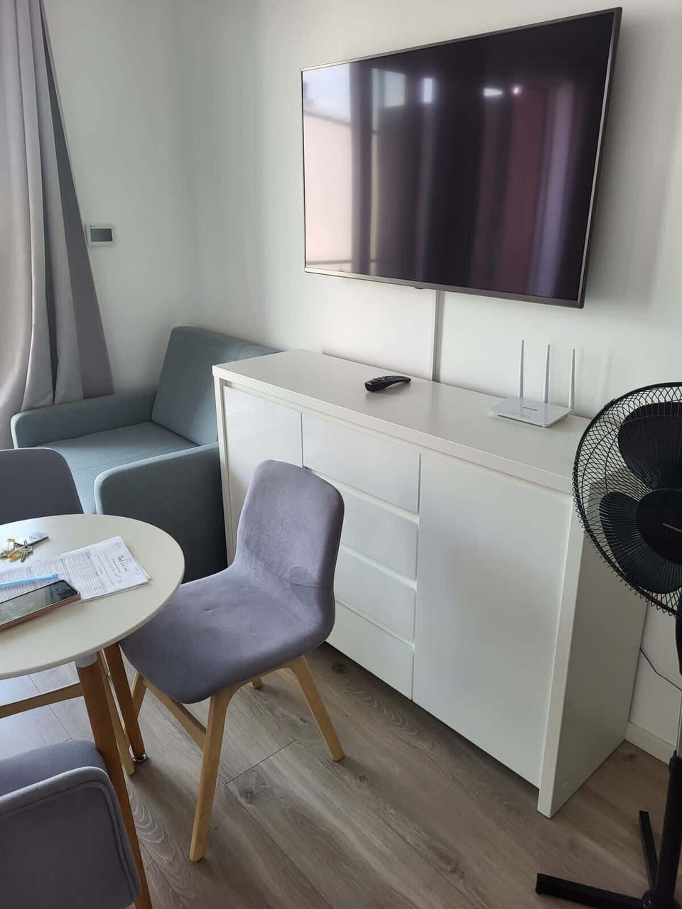 Enjoy your favorite shows on the flat-screen television in the elegant living area.