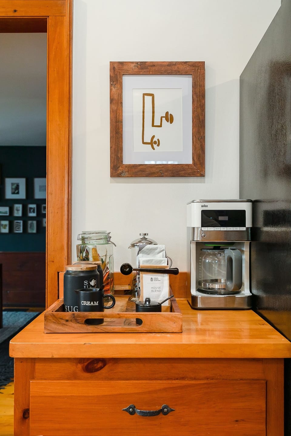 Dedicated coffee station with stocked coffee, creamers and sweeteners