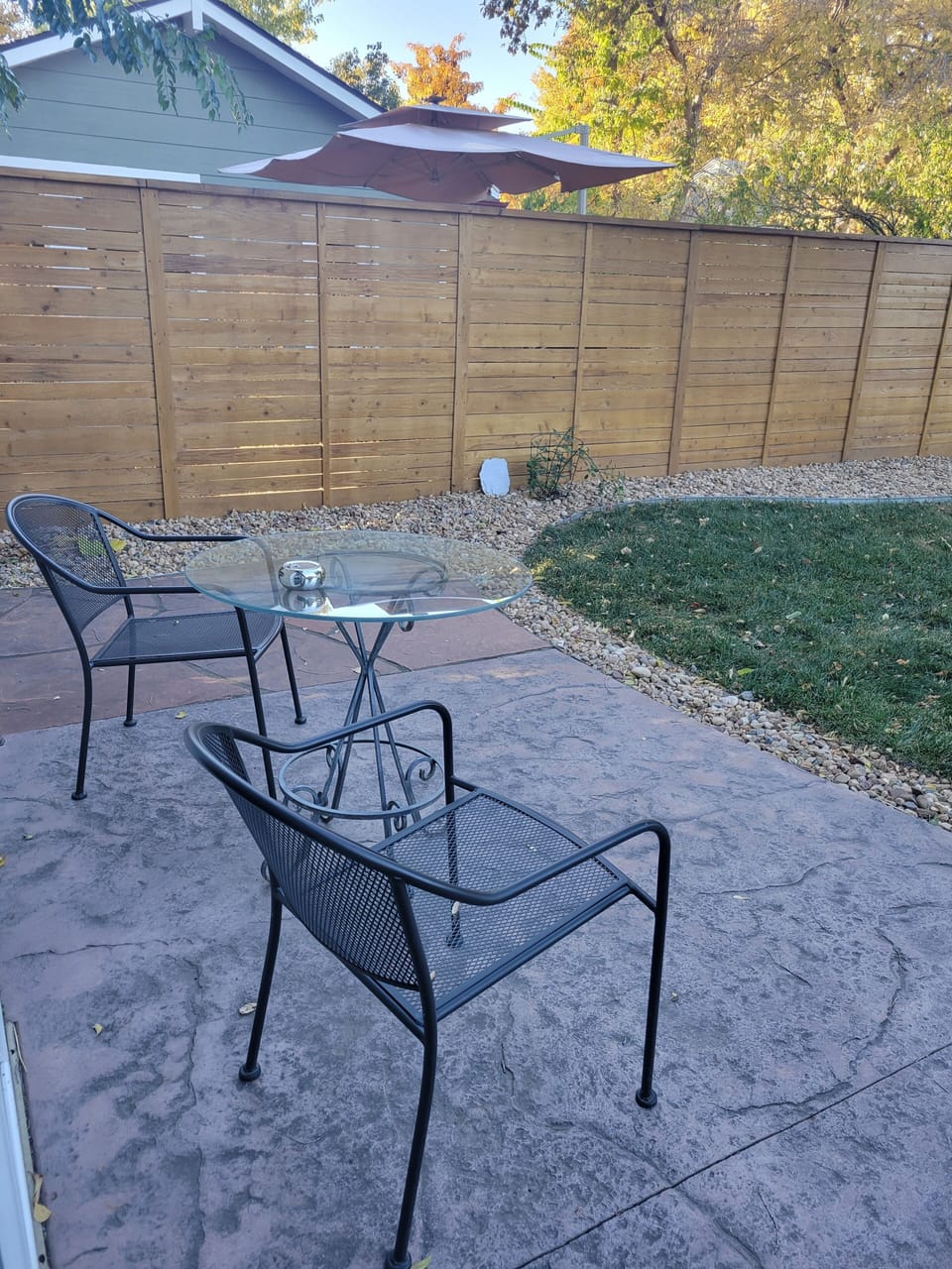 Patio seating for 2 located right outside your sliding door. 