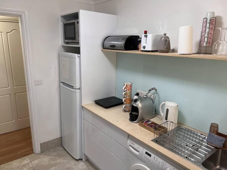 Kitchen with full fridge, induction cooktop, kettle and microwave