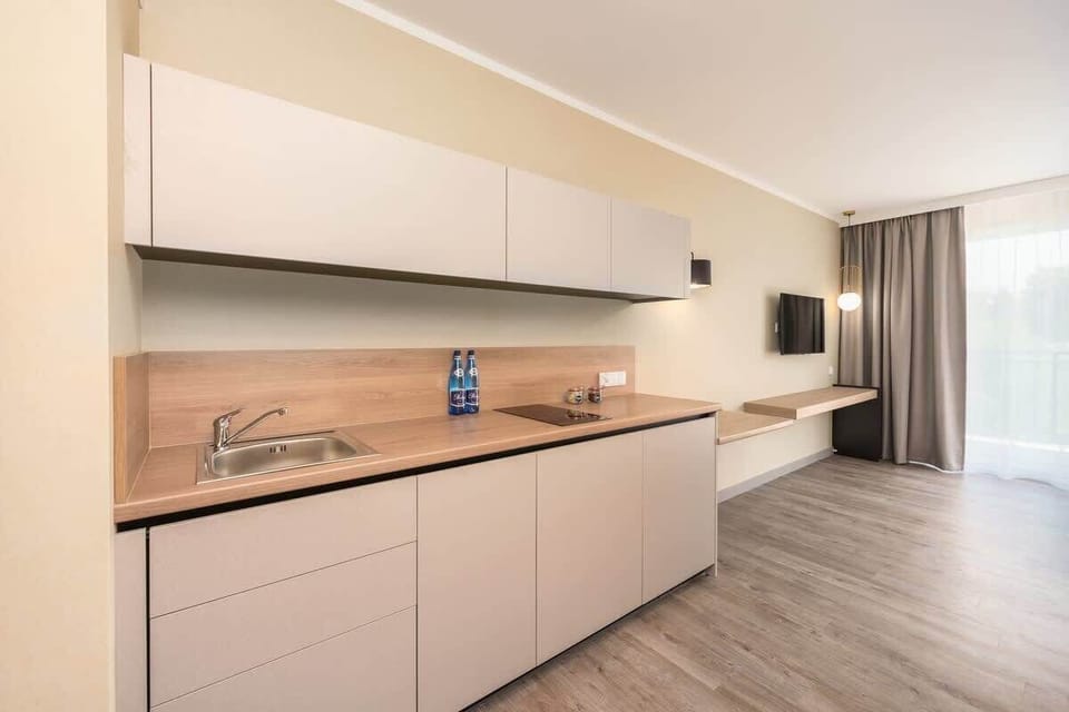 Kitchenette with plenty of kitchen utensils and dishes. 