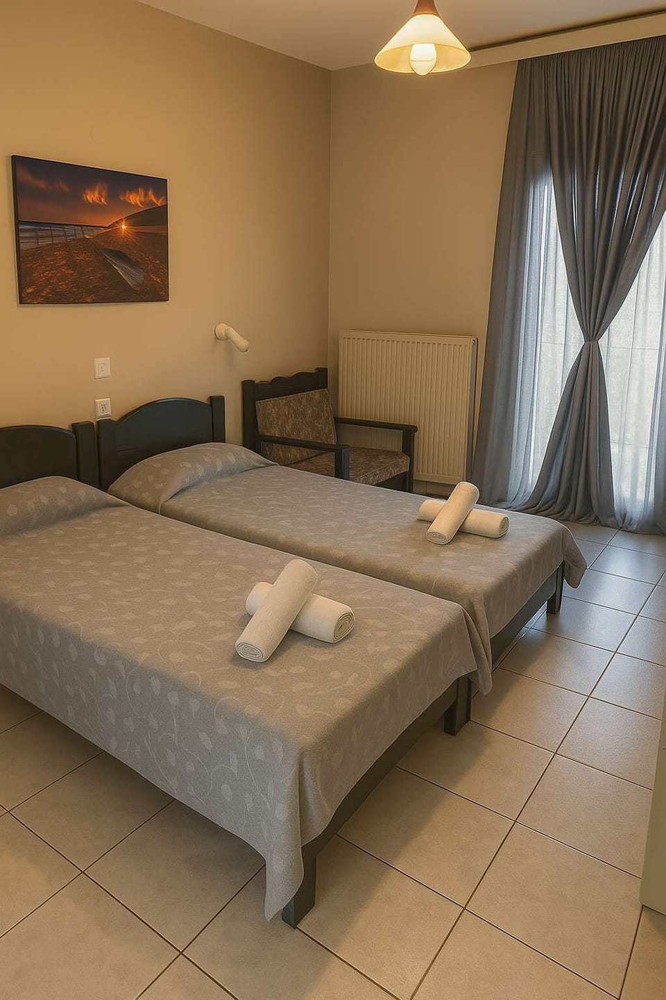 Twin Room with Cozy Lighting and Soft Curtains

