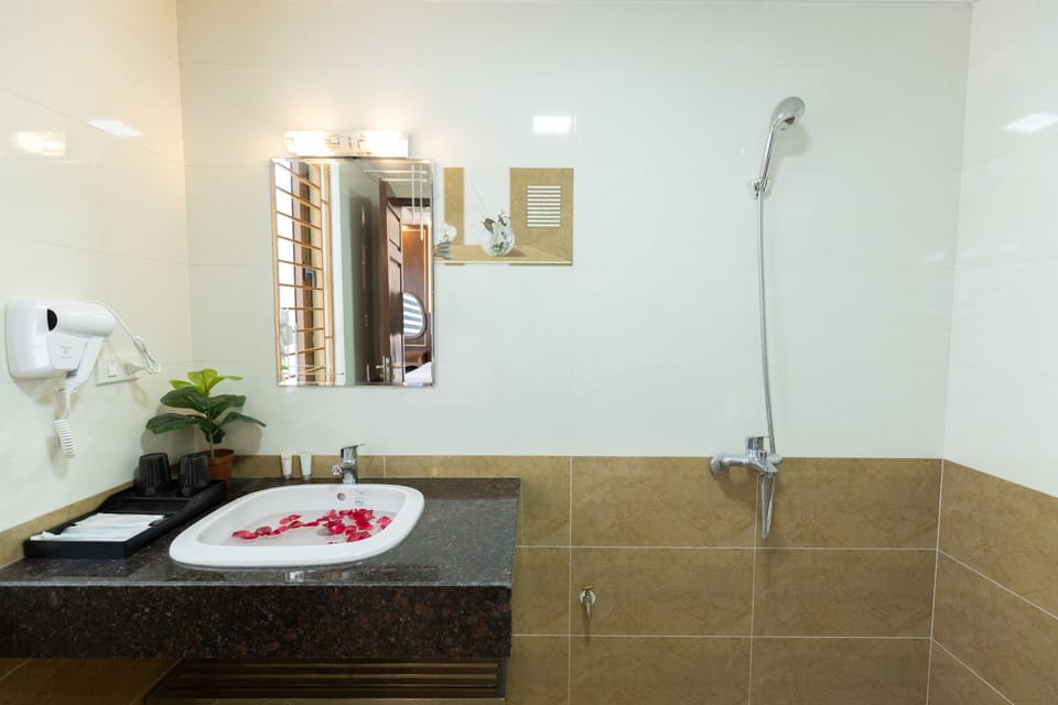 Shower, hydromassage showerhead, designer toiletries, hair dryer