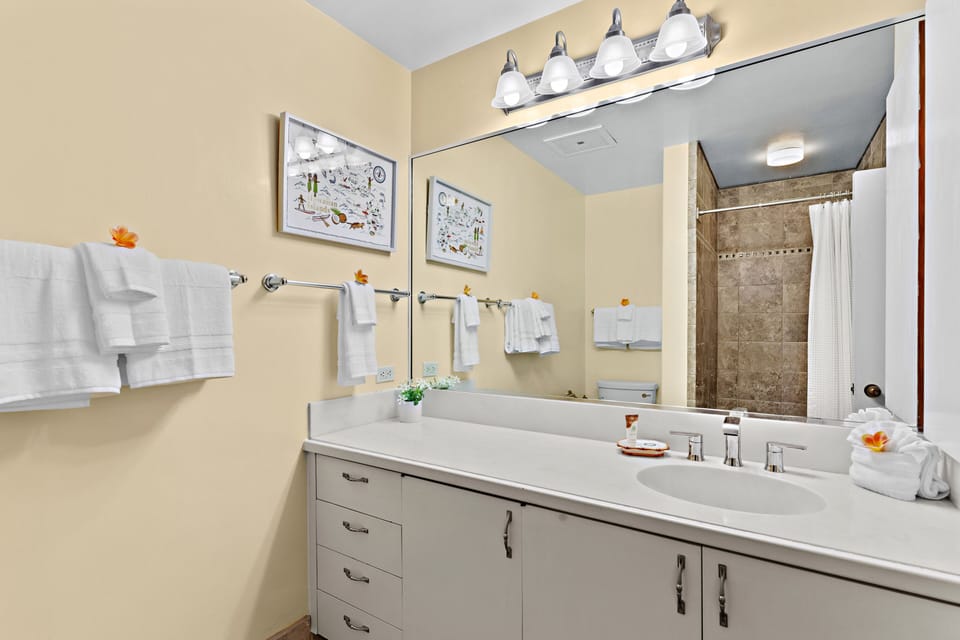 Spacious vanity area with huge mirror, great for everyday grooming