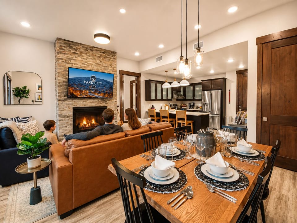 Gather with family around the crackling fireplace, share meals at the spacious dining table, and unwind in this warm, open-concept living space designed for togetherness.