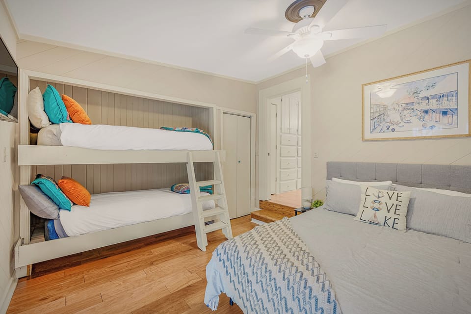 Queen sized bed and 2 twin bunks in the lower bedroom area. Bathroom is attached.
