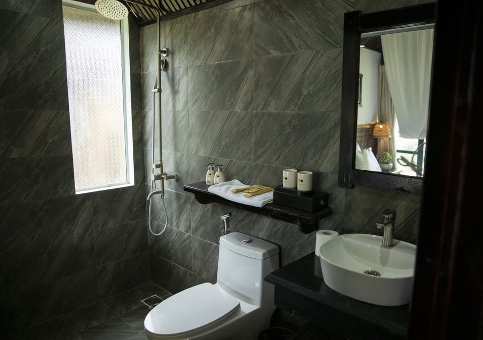 Shower, hydromassage showerhead, designer toiletries, hair dryer