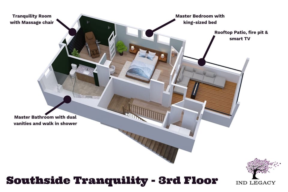 3rd-floor retreat with king suite, massage room & private rooftop deck