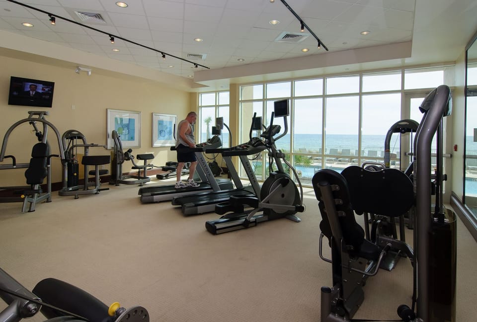 The AQUA RESORT has a well appointed fitness center with pool and Gulf views!