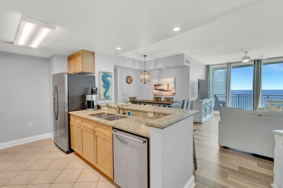 The updated kitchen has granite countertops, stainless steel appliances, and is fully stocked with more than the basics (coffee/tea bar, oils/spices, Tupperware, plenty of pots/pans/cookware) so you and your group can prepare delicious Gulf front meals!