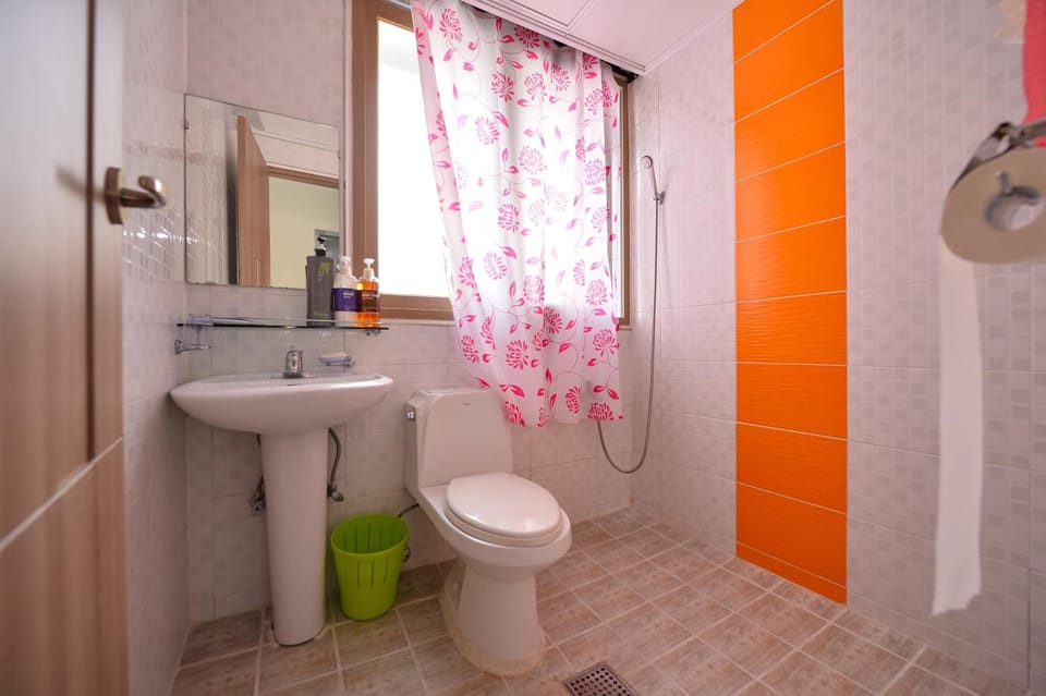 Shower, free toiletries, hair dryer, slippers