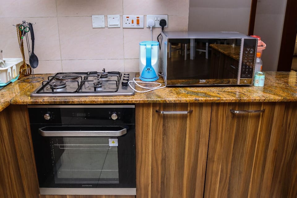 Deluxe Apartment | Private kitchen | Fridge, microwave, cookware/dishes/utensils, dining tables