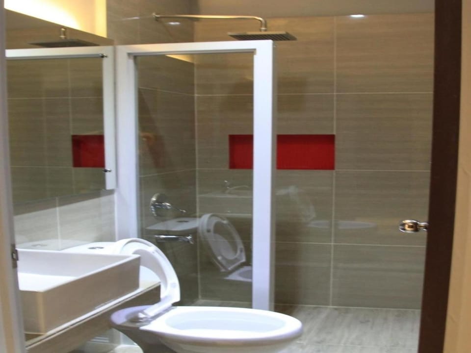 Shower, free toiletries, bidet, towels
