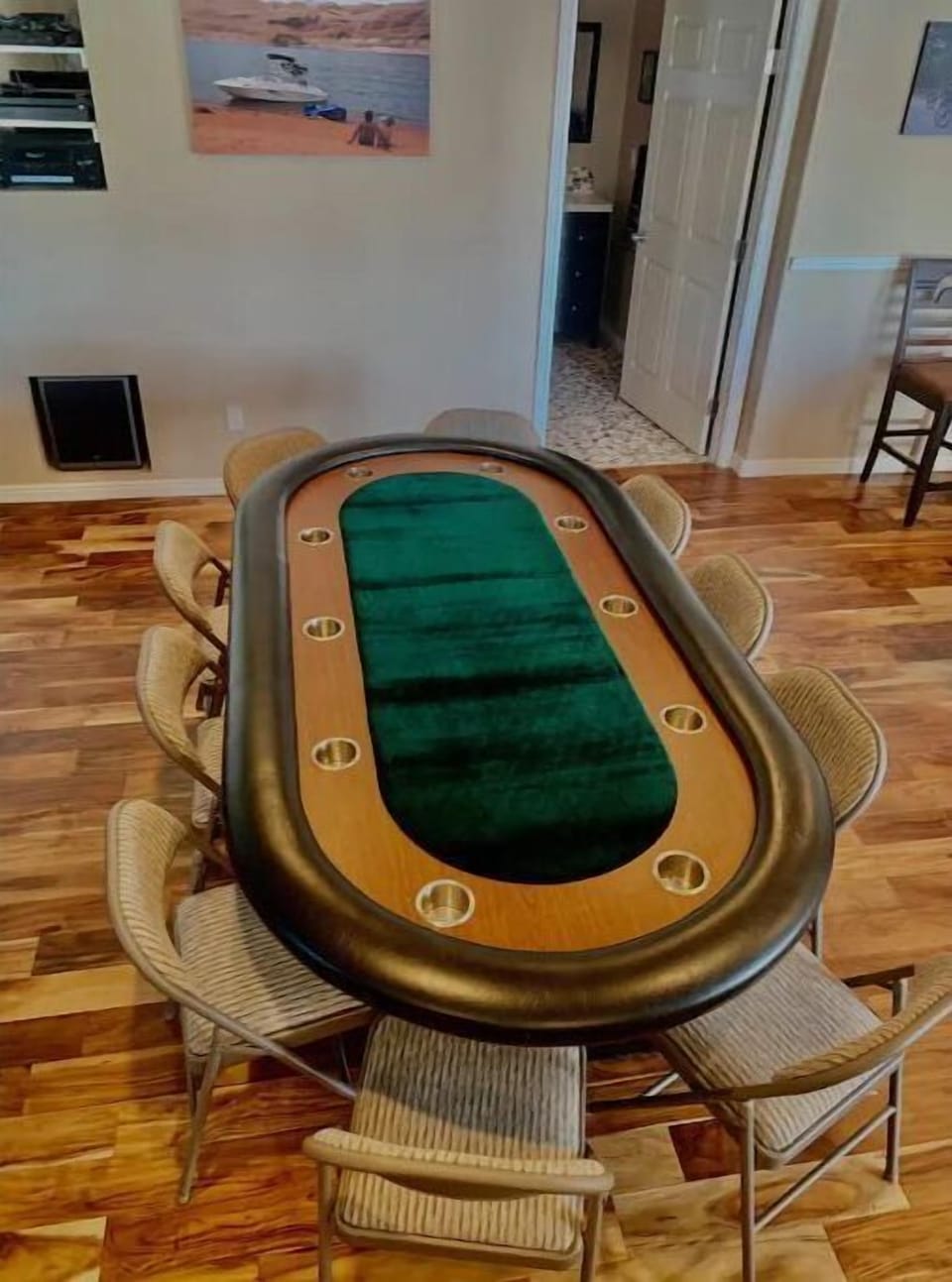 Poker table with table cover for using with board games. 