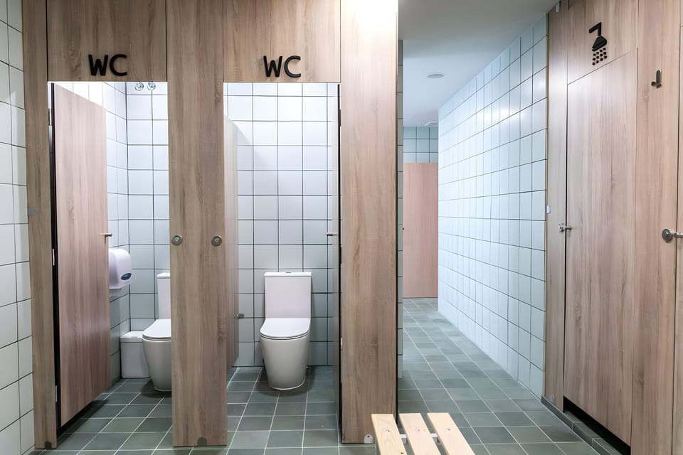 Shower, hydromassage showerhead, designer toiletries, hair dryer