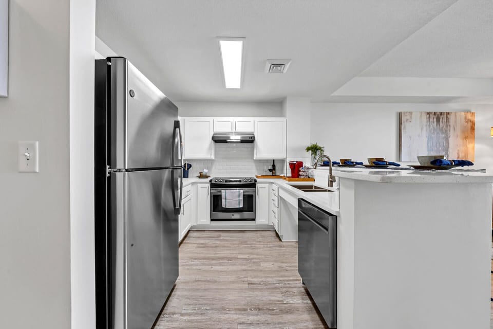 Kitchen staples like pots, pans, coffee maker, dinnerware, etc. provided