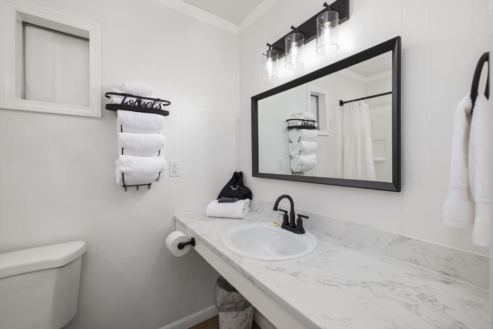 Combined shower/tub, hair dryer, towels, soap