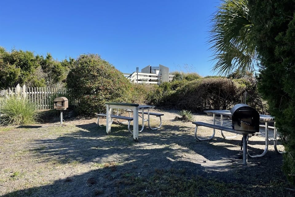 Picnic area with two tables, grassy ground, a wooden fence, and surrounding bushes. Two grills are nearby under a clear blue sky.
