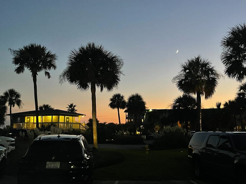 Silhouetted palm trees and buildings at dusk with a crescent moon in the sky, viewed from a parking lot with parked cars.