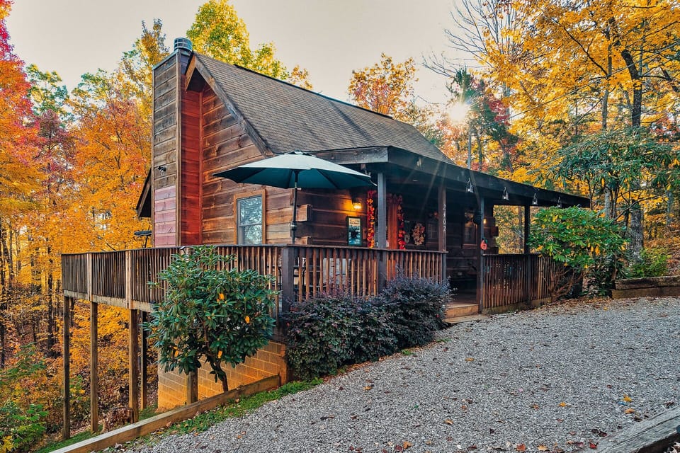 Beary Tale: A picturesque Smoky Mtn cabin nestled amidst vibrant fall foliage.