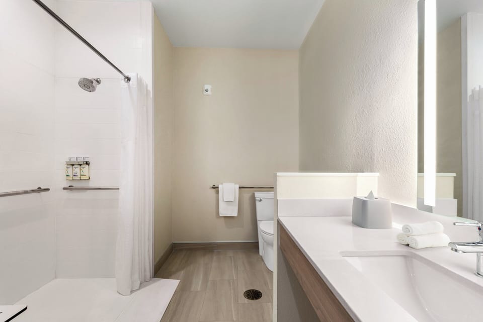 Standard Room, 1 King Bed, Mobility Accessible (Communications) | Bathroom | Free toiletries, hair dryer, towels