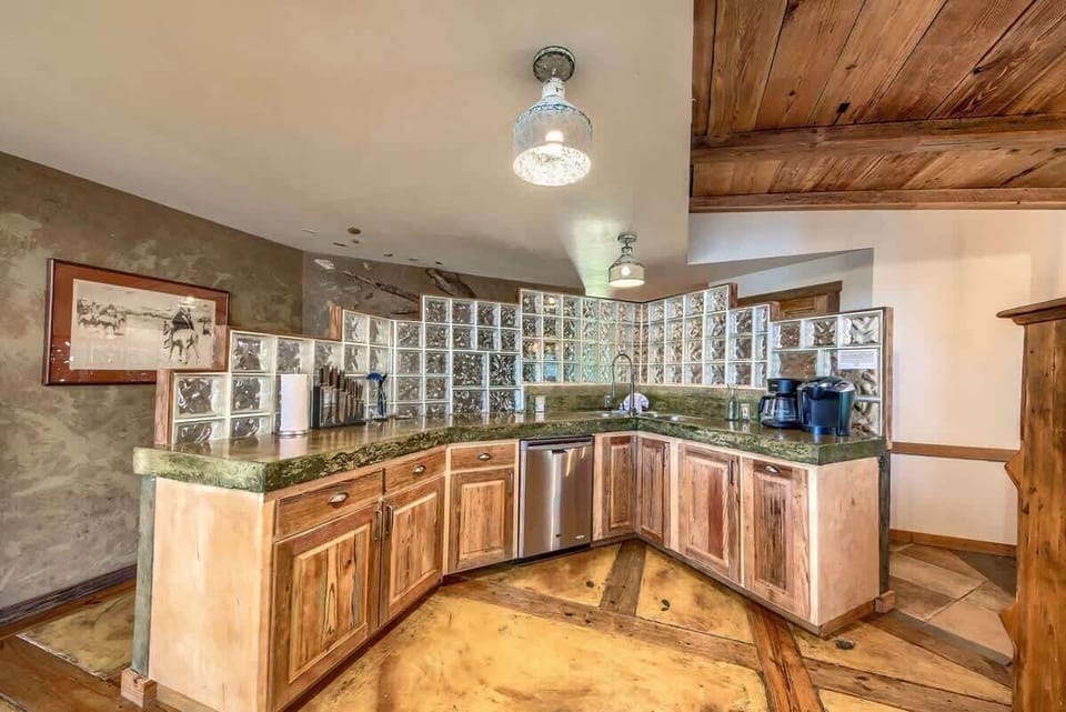 This kitchen, like this home, has a very unique design.