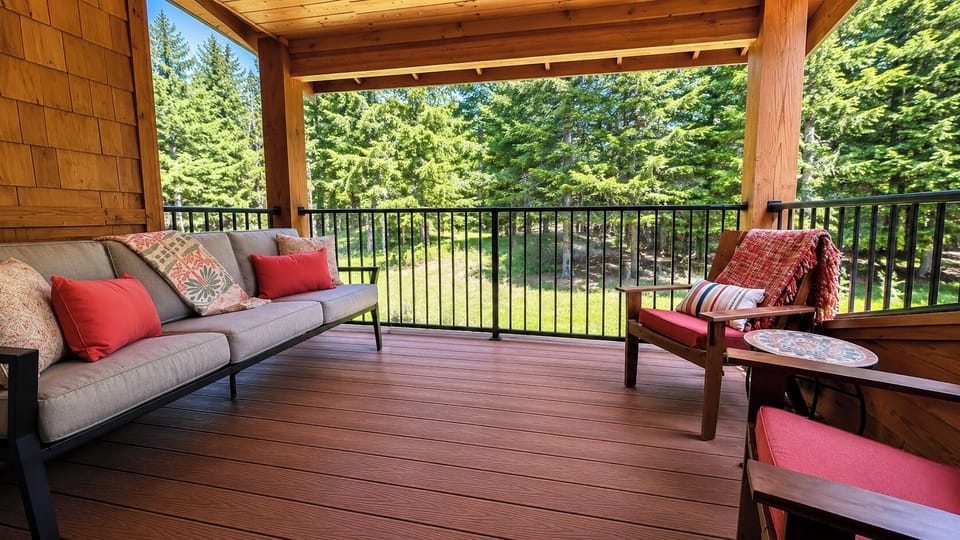 Bedroom 3 covered deck — private outdoor lounge off the upper floor suite