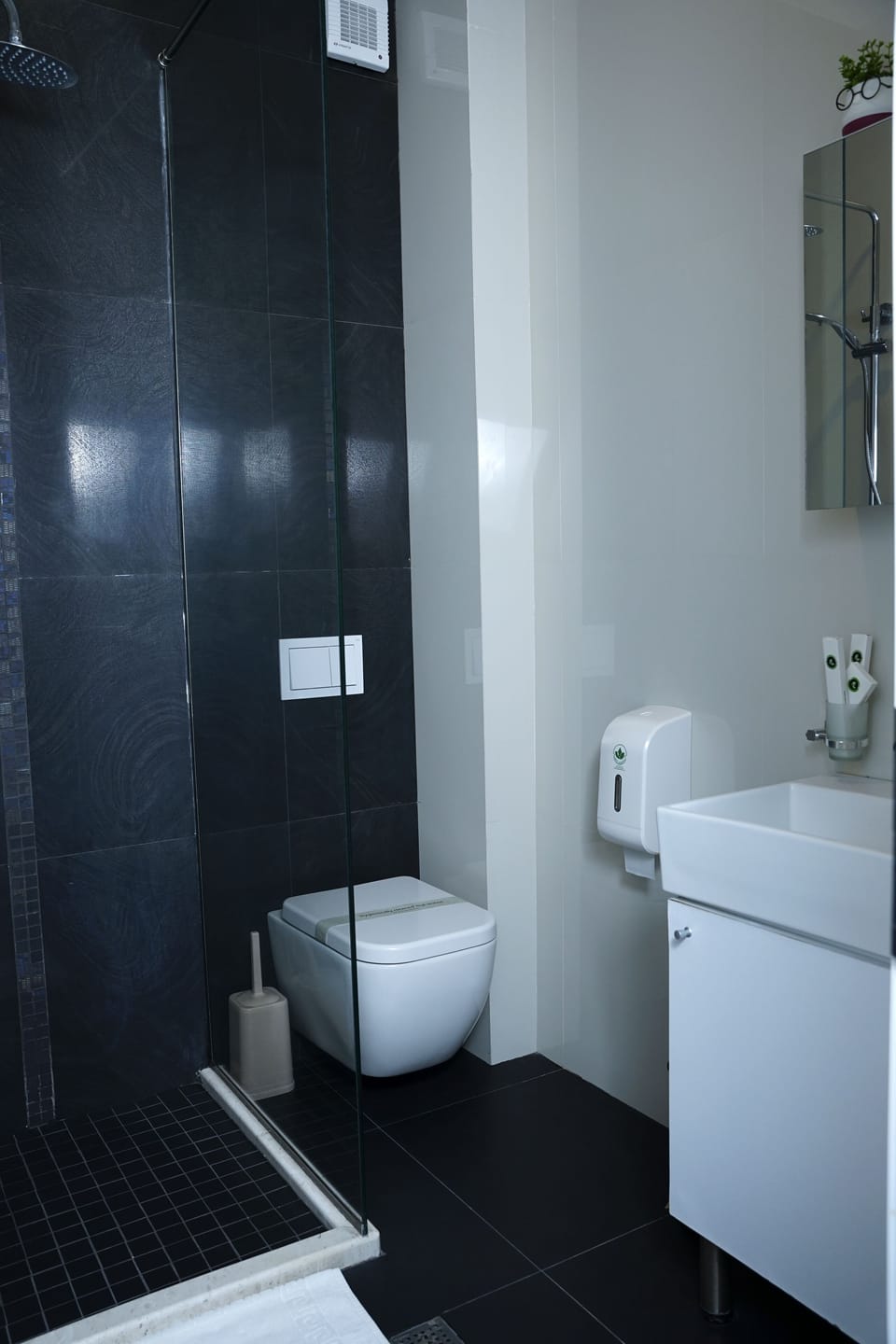 Shower, rainfall showerhead, free toiletries, hair dryer