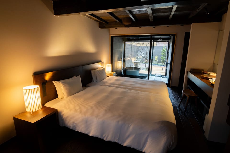 MATSUKAWABISHI: "Machiya" Two-Storey Suite with Courtyard and Bath with a View, 65sqm, Non-Smoking | Minibar (free items), laptop workspace, WiFi (free), bed sheets