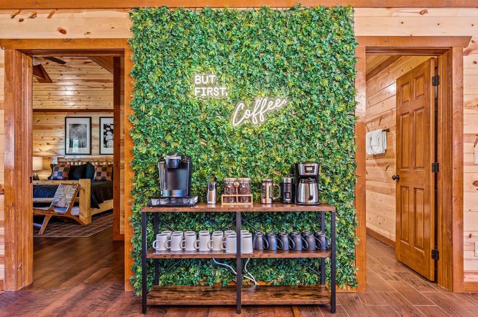 Coffee bar with Keurig, Coffee grinder, French press and more coffee needs.