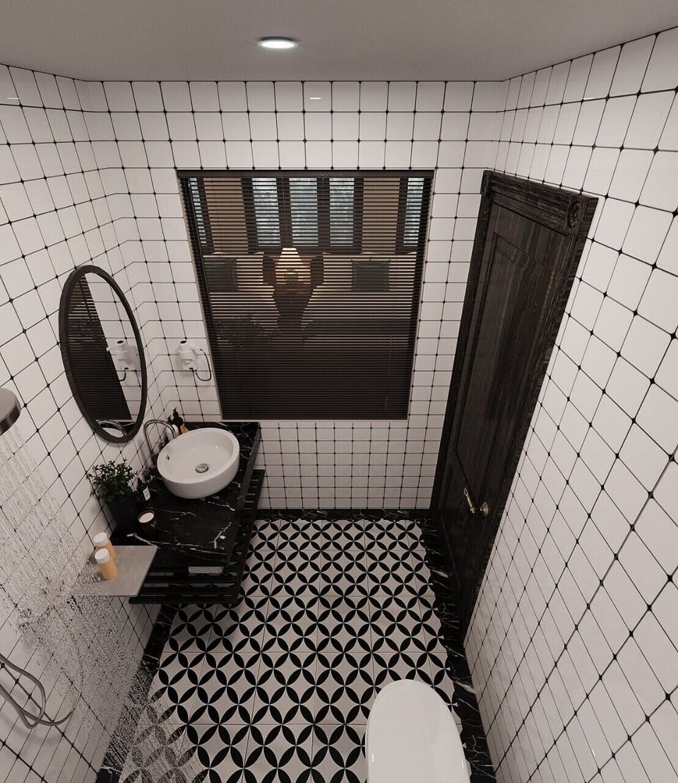 Shower, rainfall showerhead, hair dryer, slippers