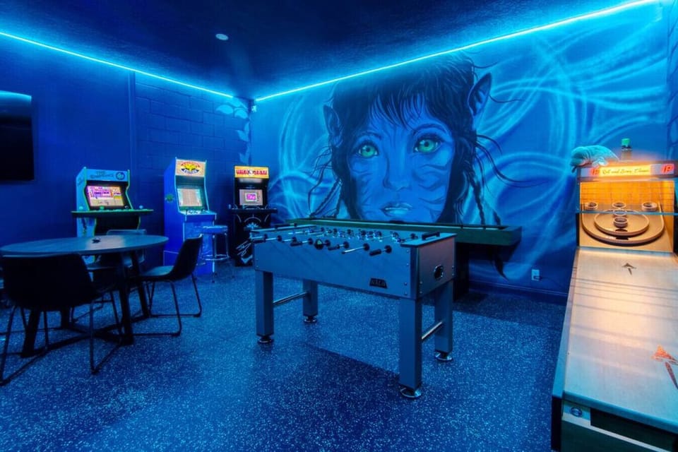 Avatar Themed Game Room/Arcade in Garage - Foosball, Skee-Ball, Shuffleboard, Air Hockey, Several Full-sized Arcade Games