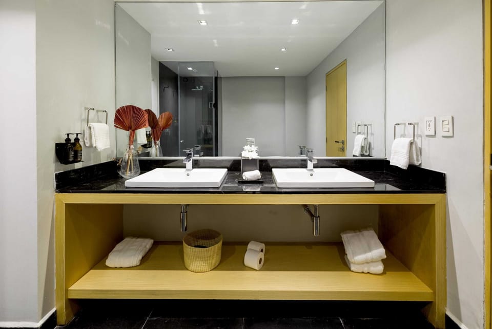Stylish bathroom with a designer shower enclosure.


