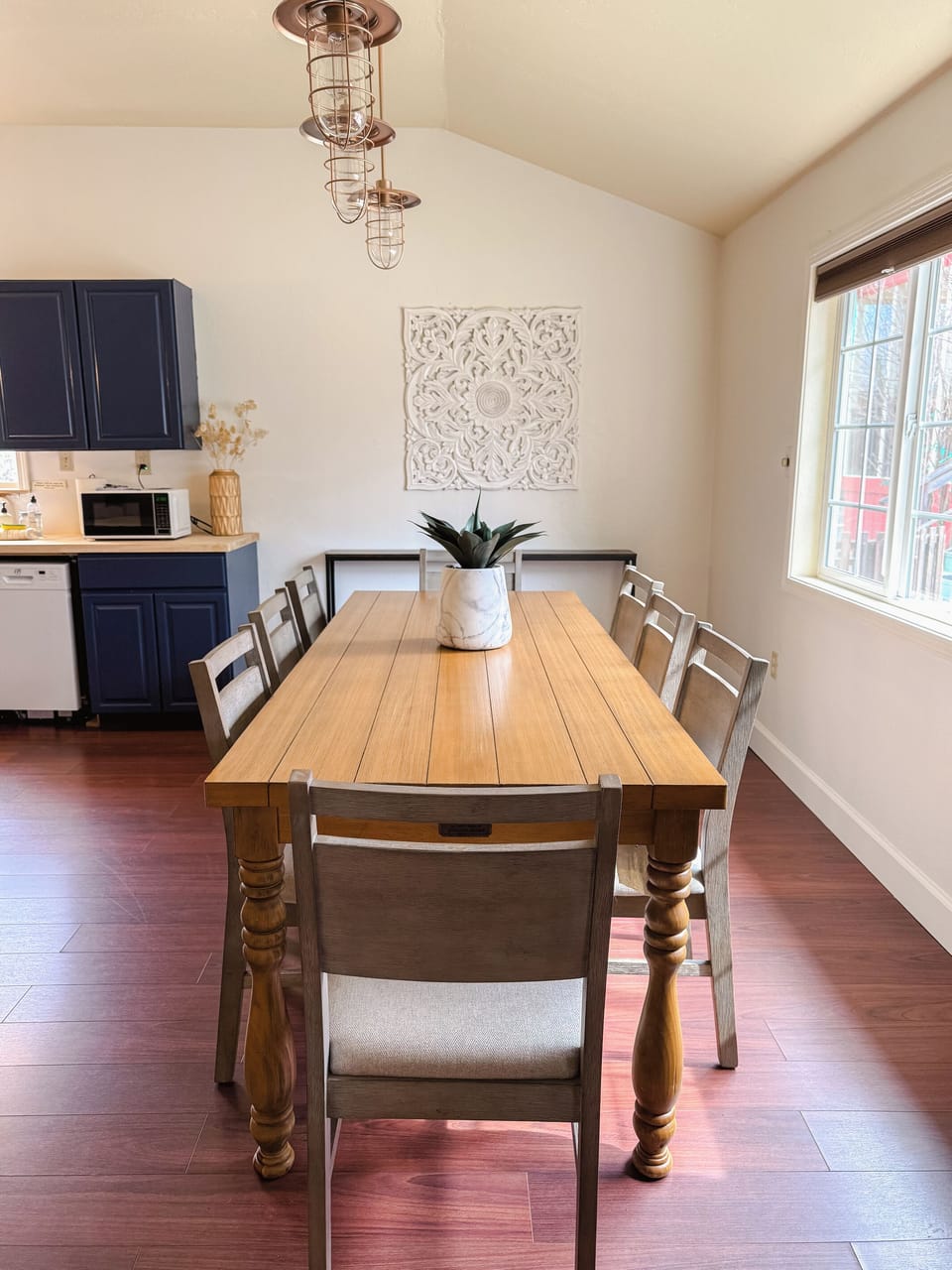 A sunlit table for six.
