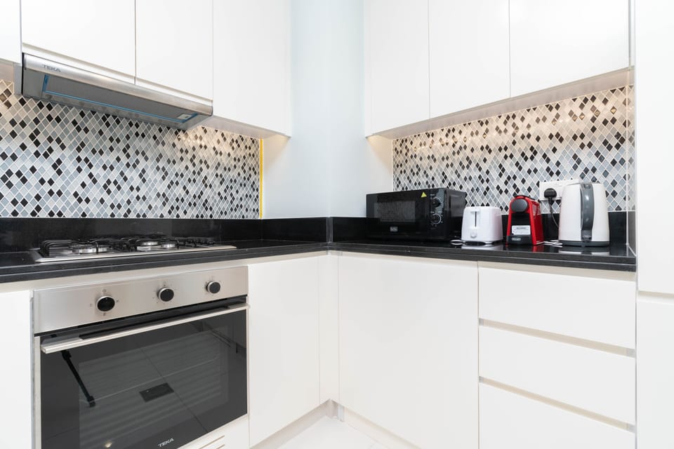 Panoramic Apartment | Private kitchen | Full-size fridge, microwave, oven, stovetop