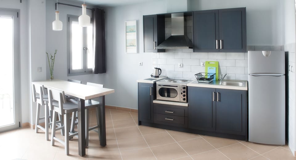 Deluxe Apartment | Private kitchen | Full-size fridge, oven, stovetop, coffee/tea maker