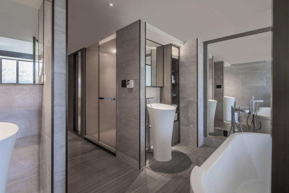 Designer toiletries, hair dryer, towels, soap
