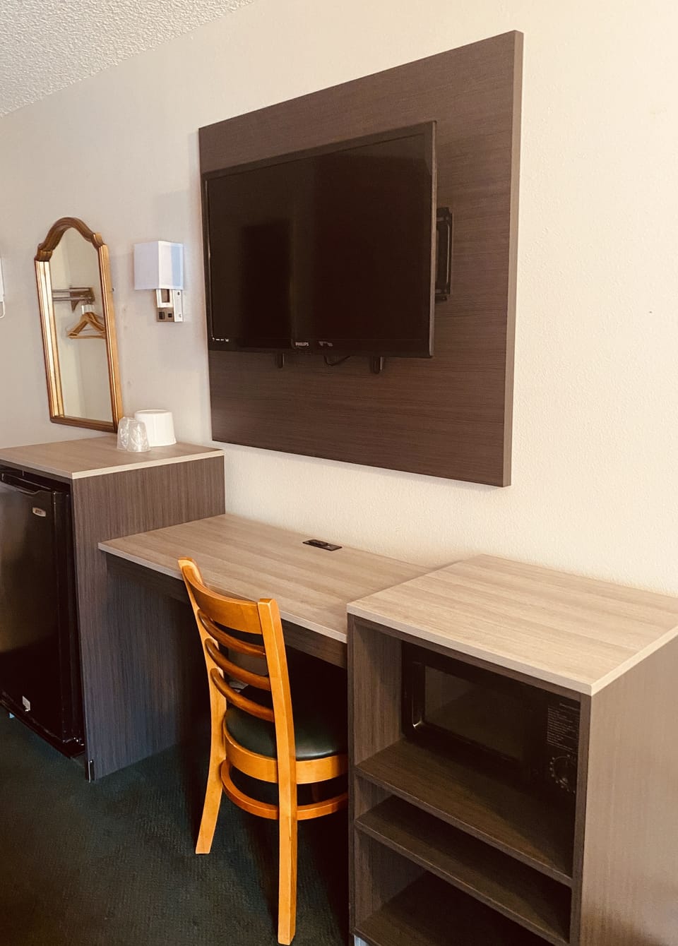 Desk, blackout drapes, iron/ironing board, bed sheets