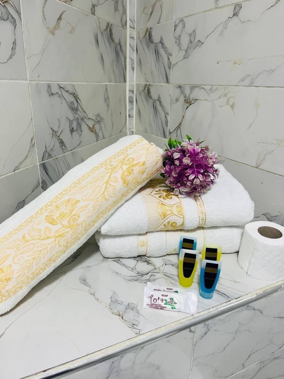 Shower, rainfall showerhead, free toiletries, hair dryer