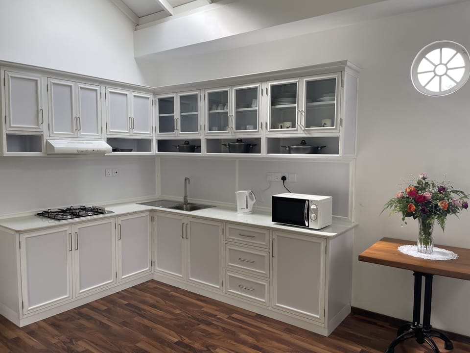 Full-size fridge, microwave, oven, toaster