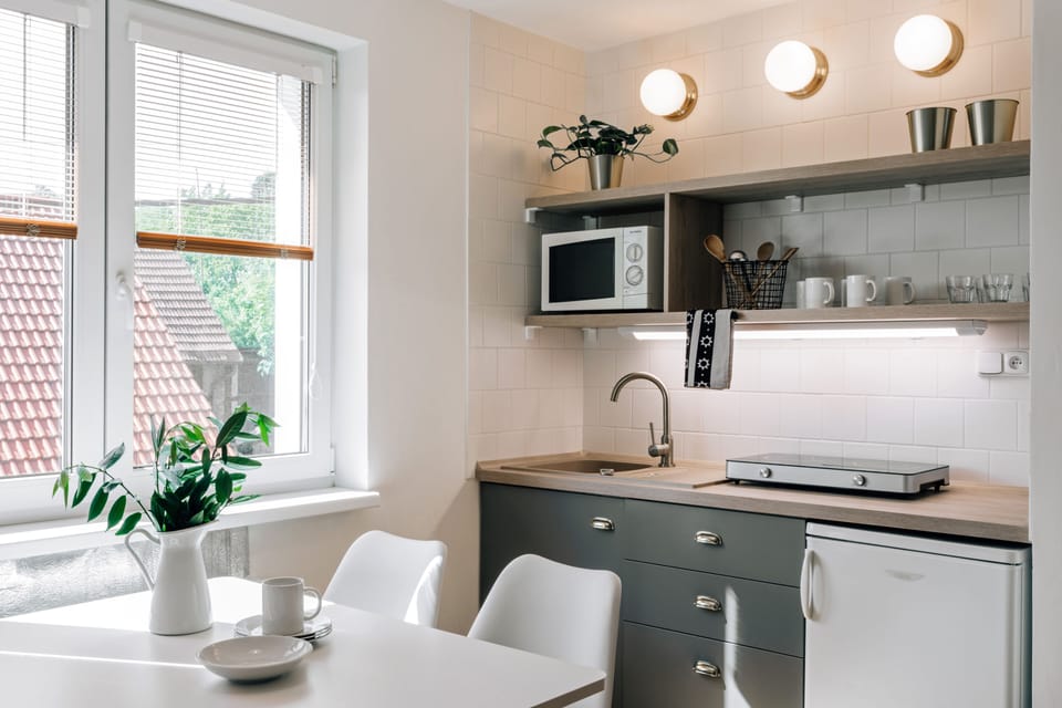 Design Apartment, 1 Bedroom (No.3) | Private kitchen | Fridge, microwave, stovetop, toaster