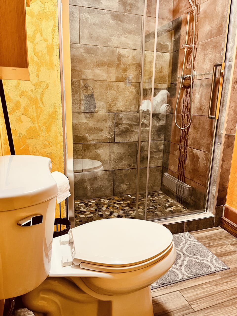 Hair dryer, towels, soap, shampoo