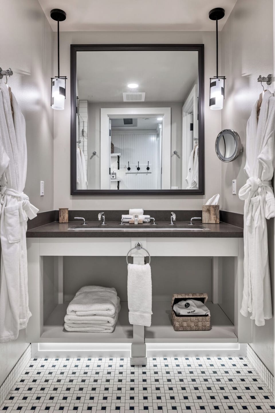 Designer toiletries, hair dryer, bathrobes, towels