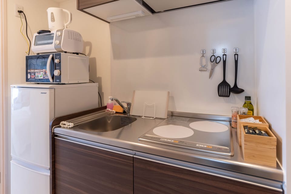 Standard Apartment | Private kitchen | Full-size fridge, microwave, stovetop, electric kettle